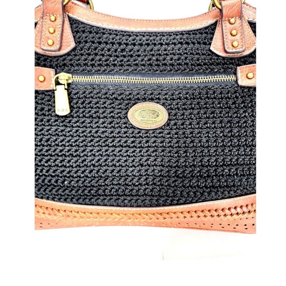 🍓B.O.C. Barn Concepts Shoulder Bag Purse, Tan Leather with Black Weave - Picture 6 of 7